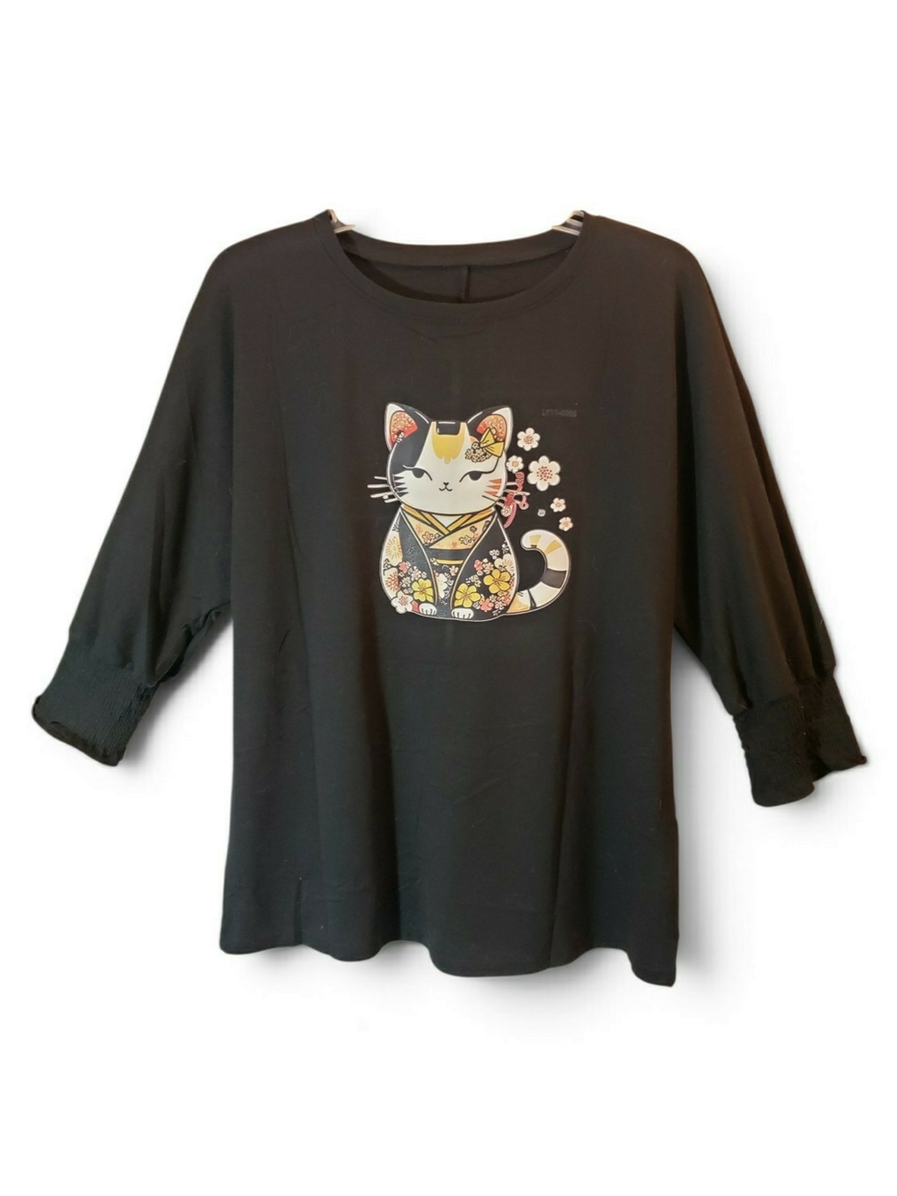 Womens lg black top featuring a colorful maneki-neko cat graphic. New